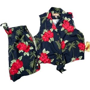 Caribbean Joe 2 Piece Set Women Large Tropical Floral Shirt Shorts Hawaii Beach